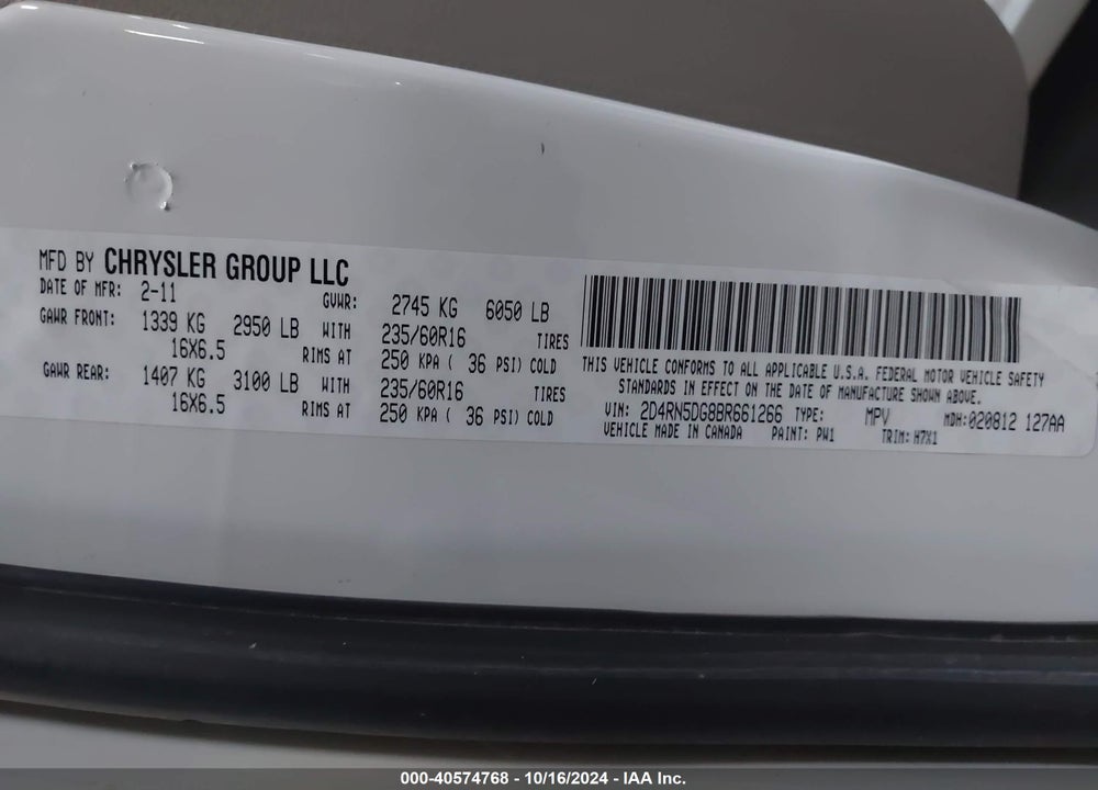 2011 DODGE GRAND CARAVAN CREW VIN: 2D4RN5DG8BR661266
