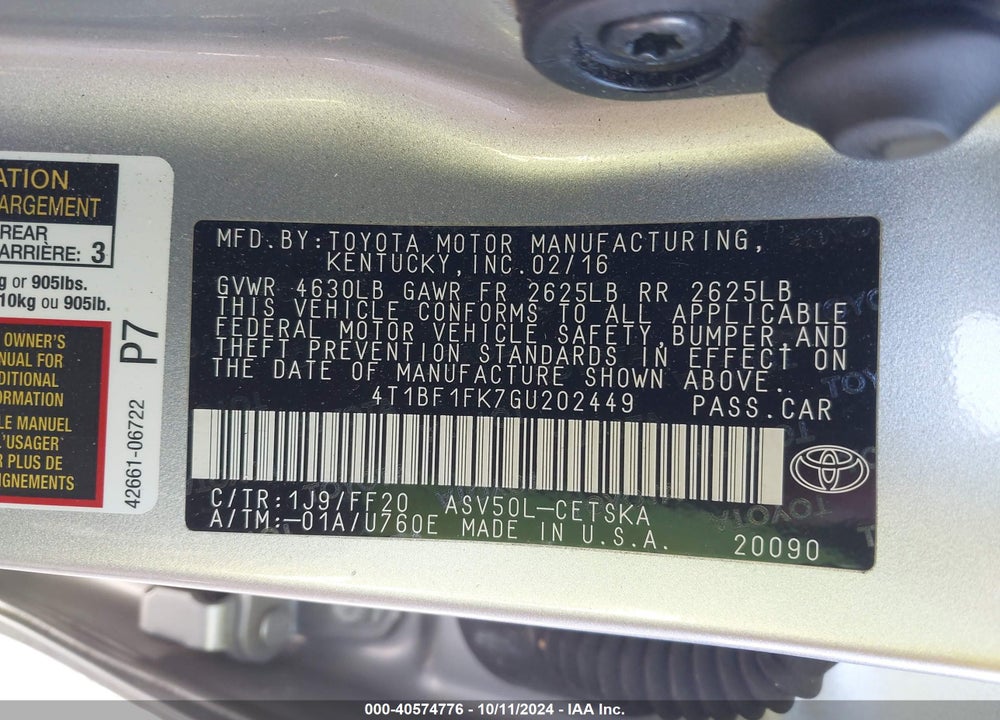2016 TOYOTA CAMRY SE VIN: 4T1BF1FK7GU202449