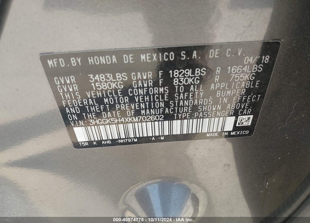 2019 HONDA FIT LX VIN: 3HGGK5H4XKM702602