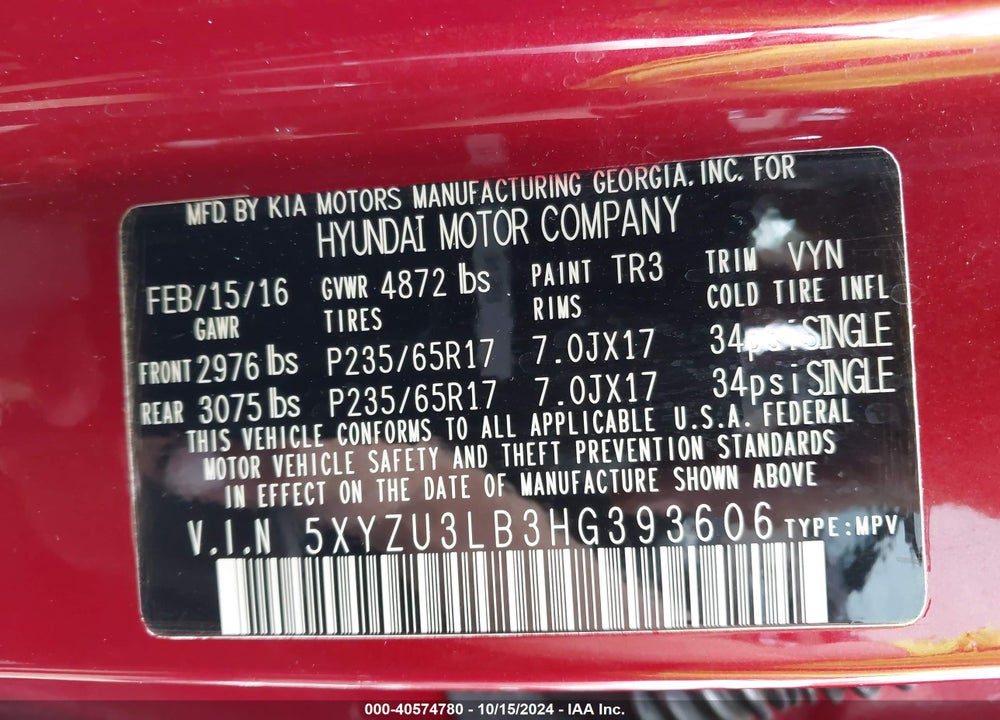 2017 HYUNDAI SANTA FE SPORT 2.4L VIN: 5XYZU3LB3HG393606