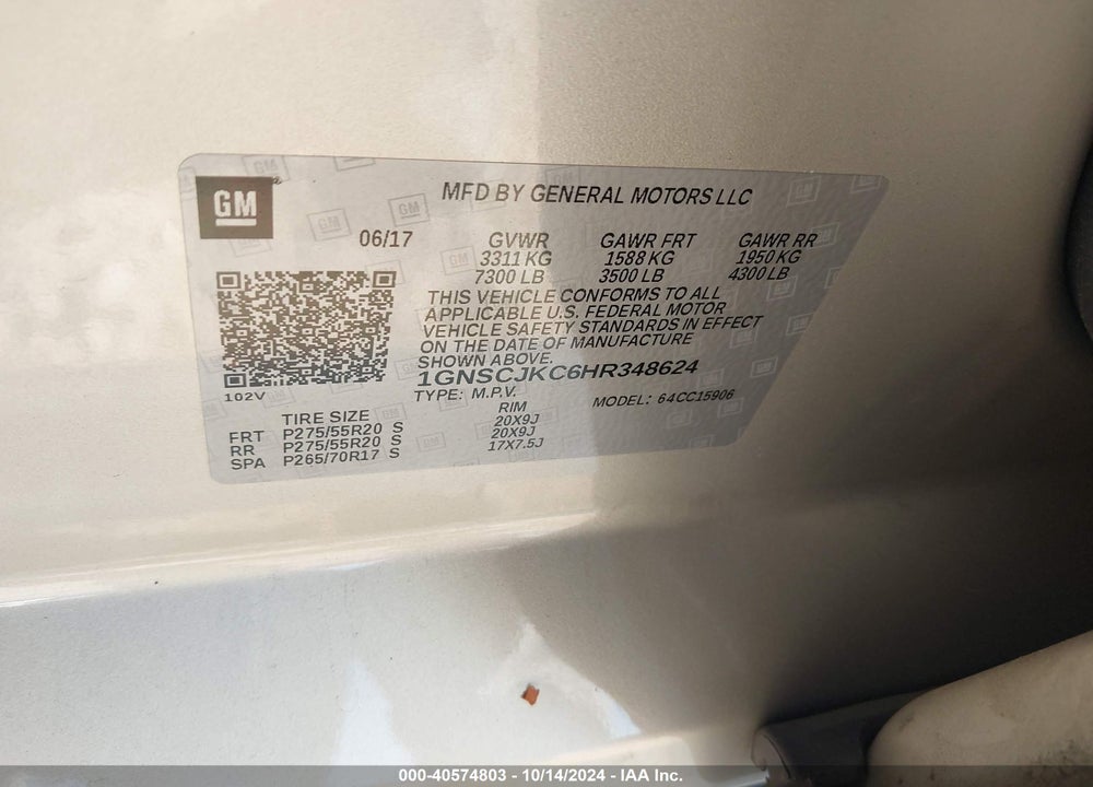 2017 CHEVROLET SUBURBAN PREMIER VIN: 1GNSCJKC6HR348624