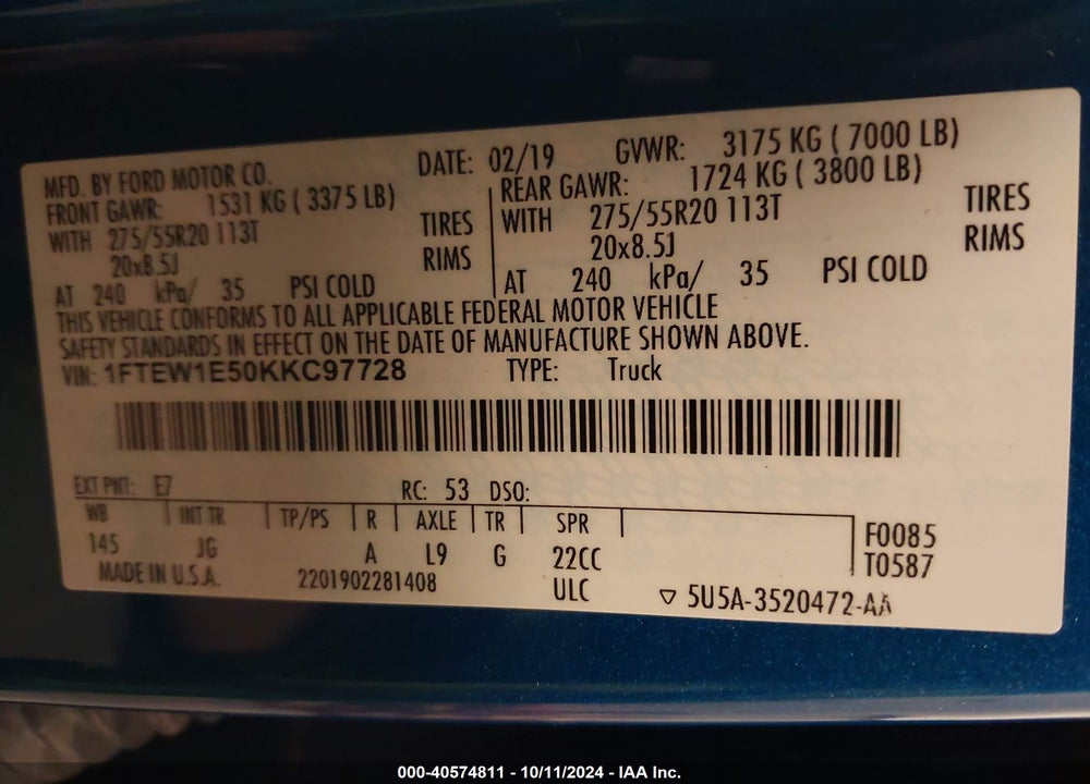 2019 FORD F-150 XL VIN: 1FTEW1E50KKC97728