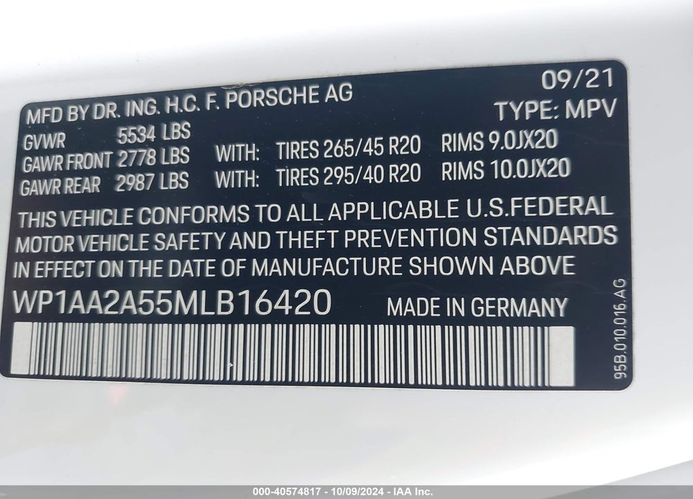 2021 PORSCHE MACAN VIN: WP1AA2A55MLB16420