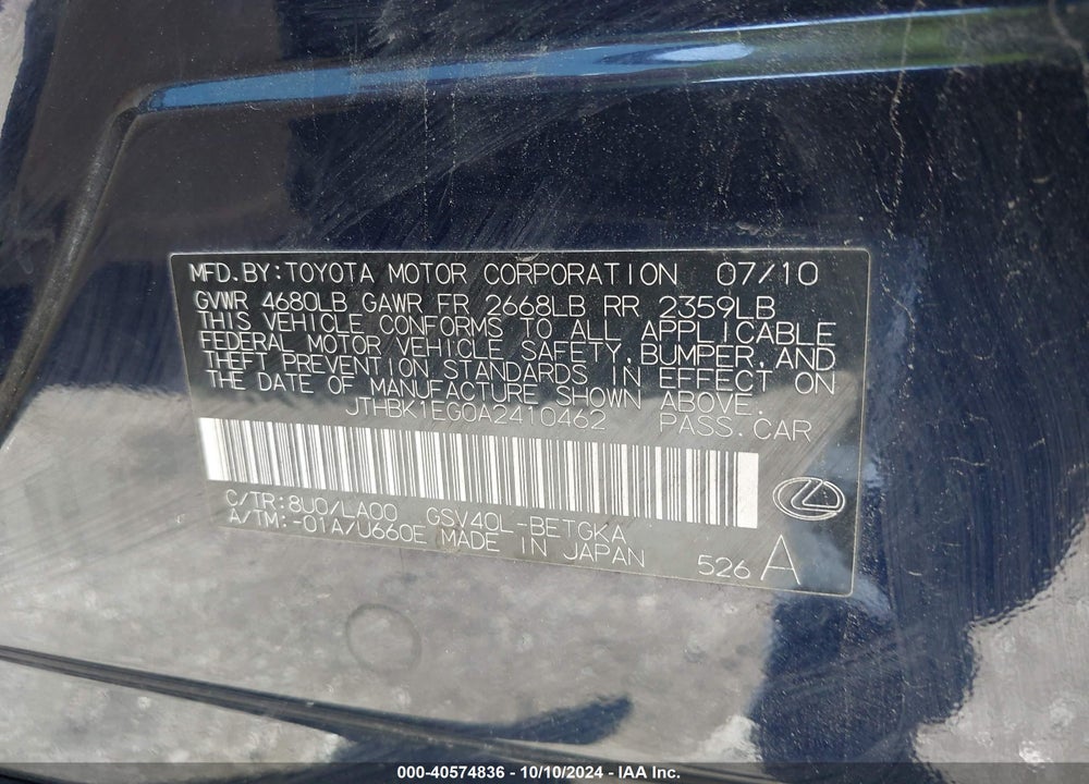 2010 LEXUS ES 350 VIN: JTHBK1EG0A2410462