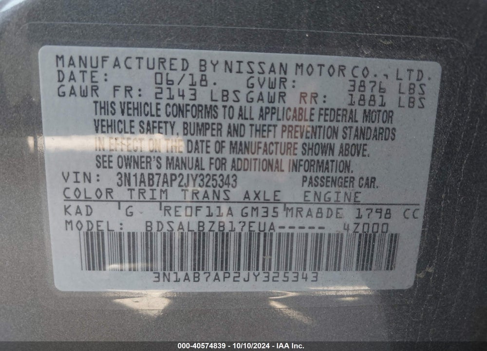 2018 NISSAN SENTRA S VIN: 3N1AB7AP2JY325343