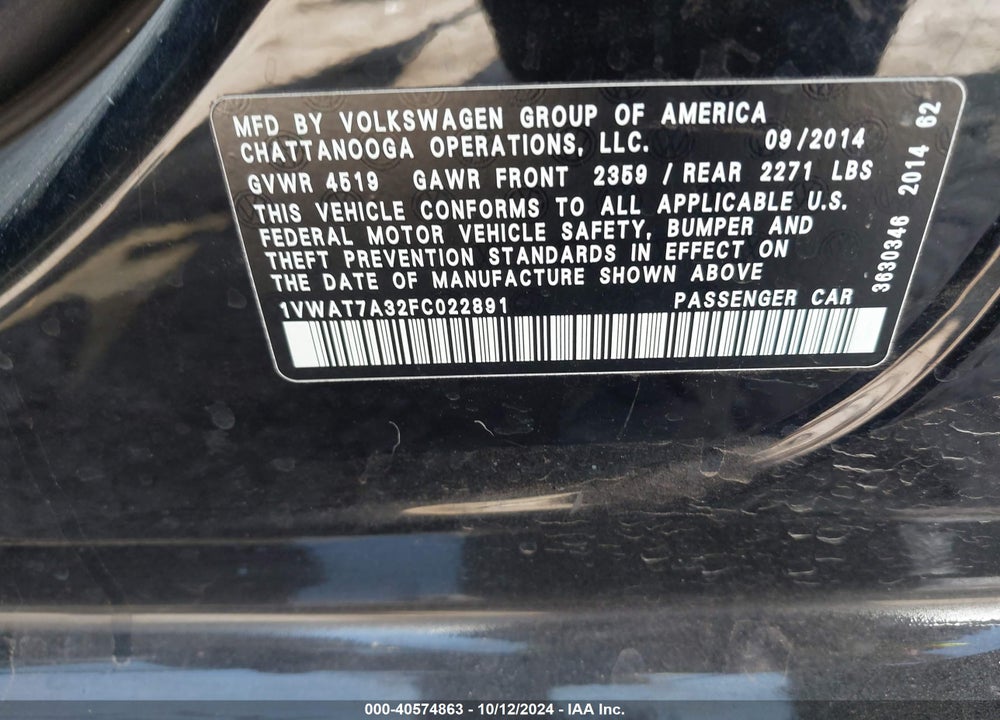2015 VOLKSWAGEN PASSAT 1.8T WOLFSBURG EDITION VIN: 1VWAT7A32FC022891