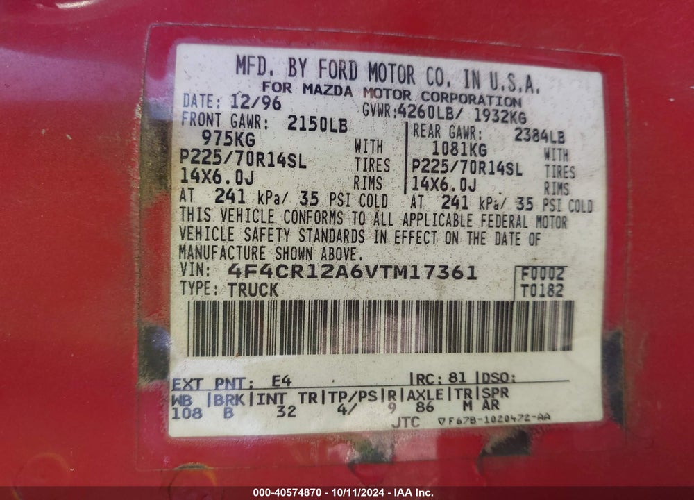 1997 MAZDA B2300 SE VIN: 4F4CR12A6VTM17361