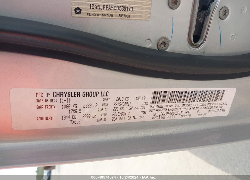2012 JEEP PATRIOT LATITUDE VIN: 1C4NJPFA5CD539173