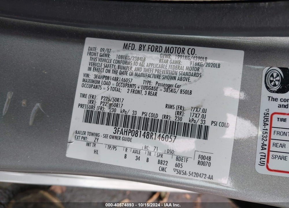 2008 FORD FUSION SEL VIN: 3FAHP08148R146057