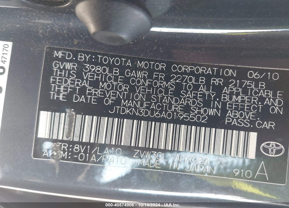 2010 TOYOTA PRIUS VIN: JTDKN3DU6A0195502