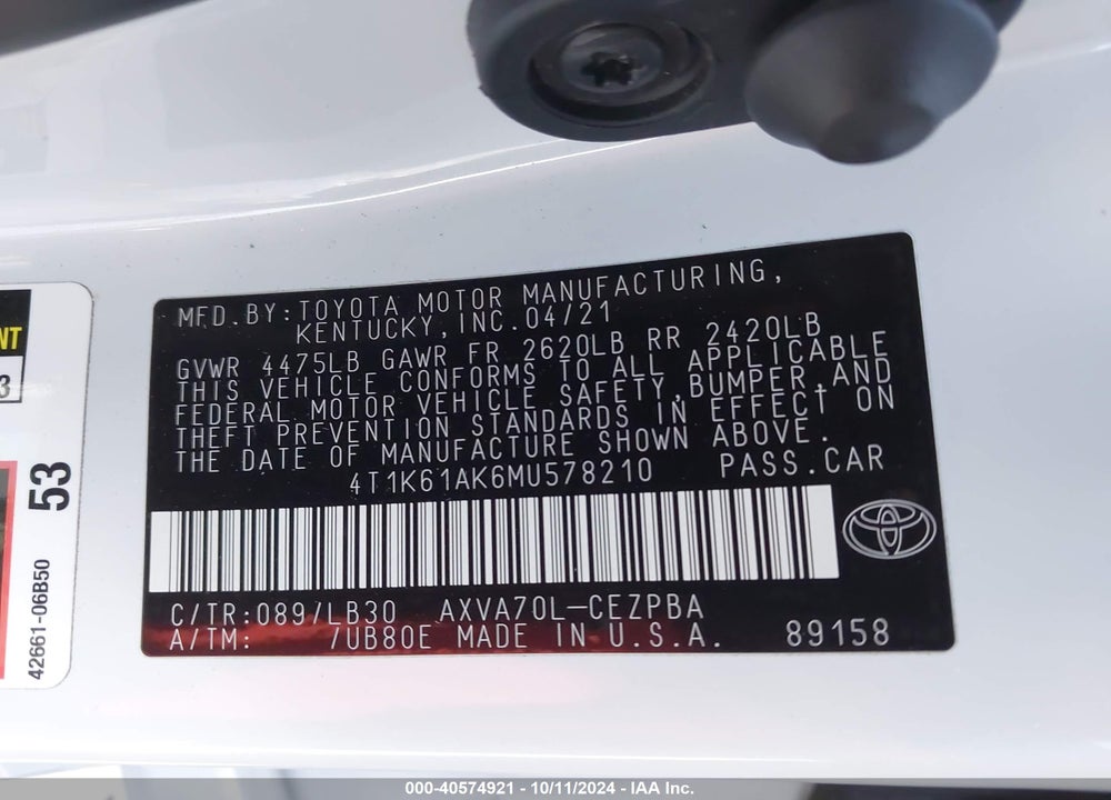 2021 TOYOTA CAMRY XSE VIN: 4T1K61AK6MU578210