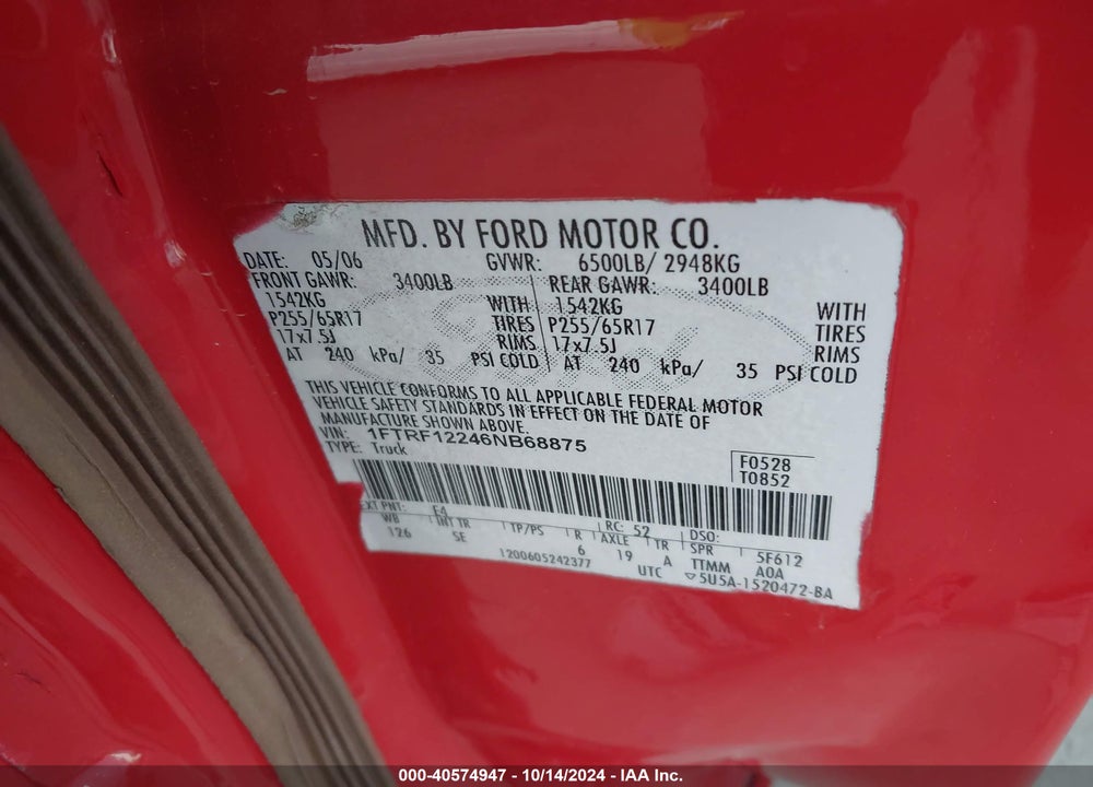 2006 FORD F-150 STX/XL/XLT VIN: 1FTRF12246NB68875