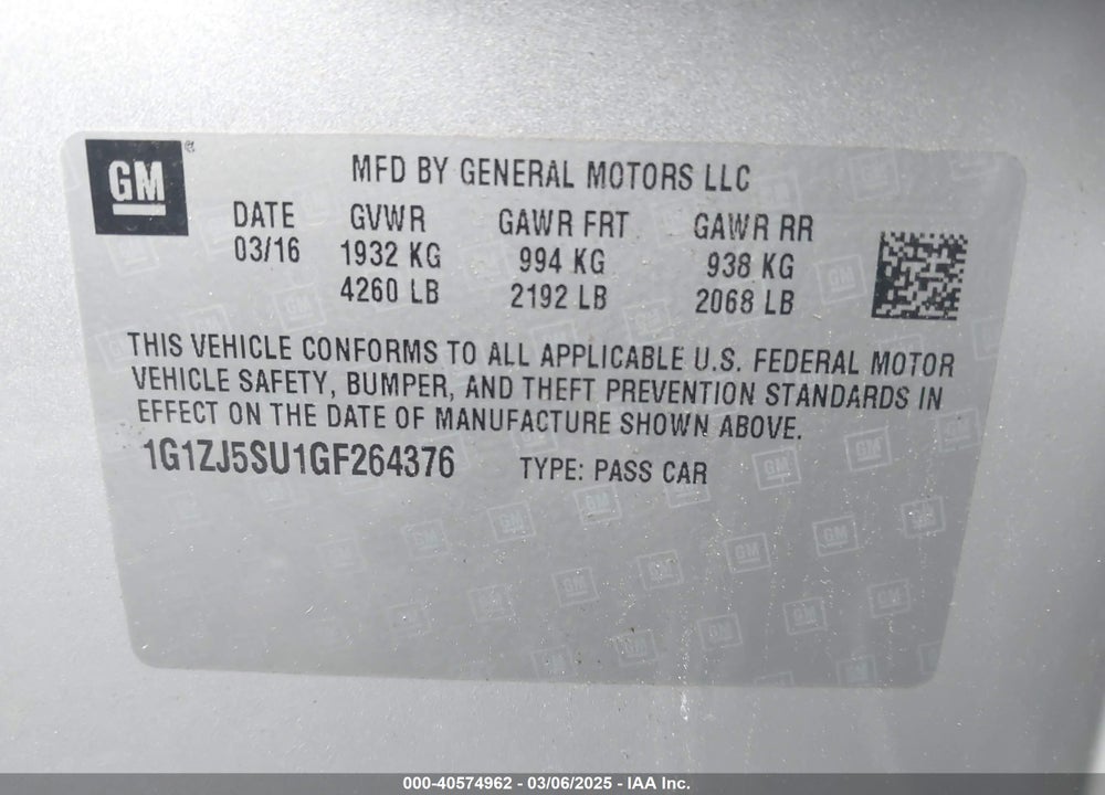 2016 CHEVROLET MALIBU HYBRID VIN: 1G1ZJ5SU1GF264376
