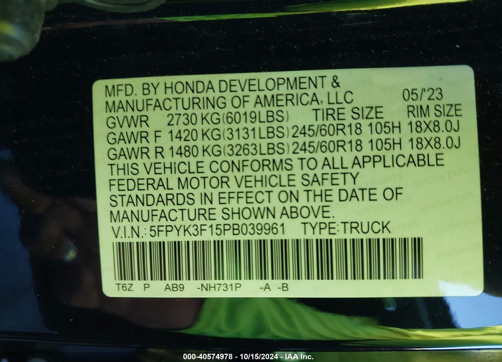 2023 HONDA RIDGELINE SPORT VIN: 5FPYK3F15PB039961