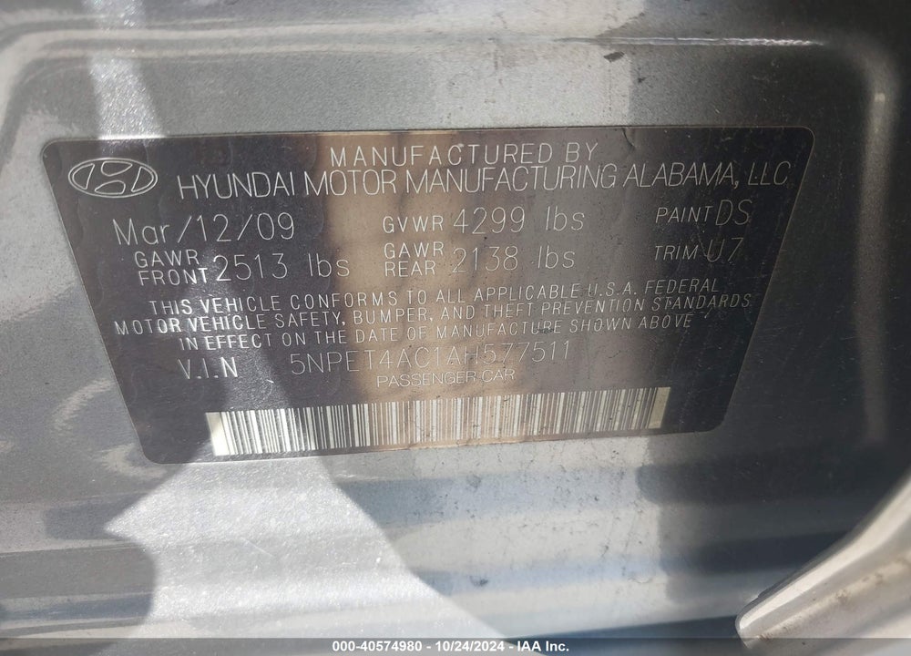 2010 HYUNDAI SONATA GLS VIN: 5NPET4AC1AH577511