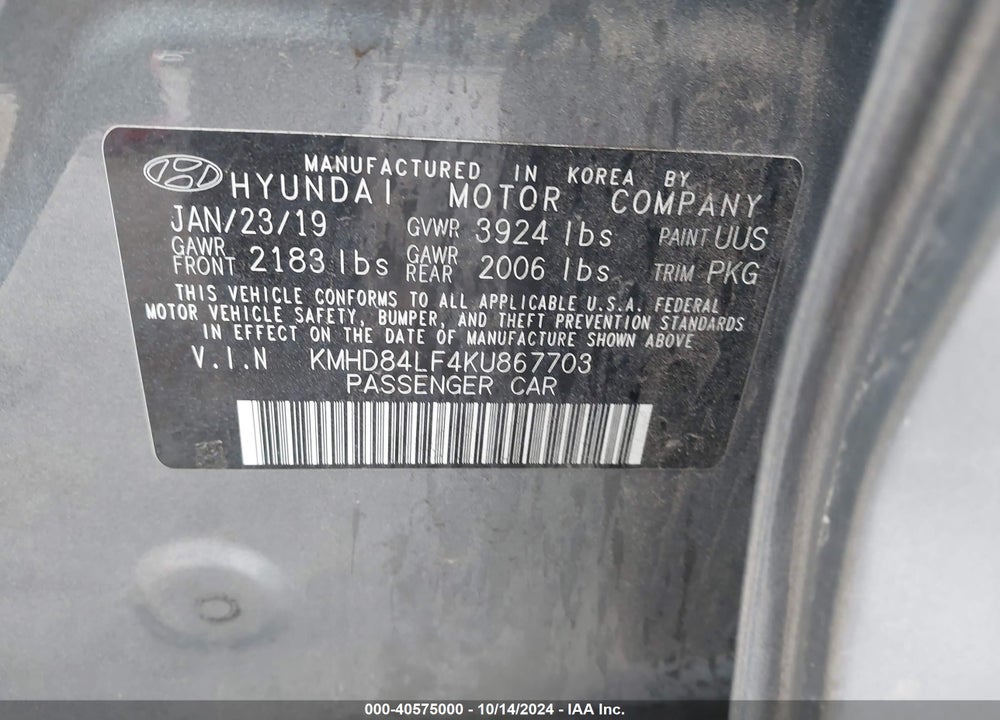2019 HYUNDAI ELANTRA SEL VIN: KMHD84LF4KU867703