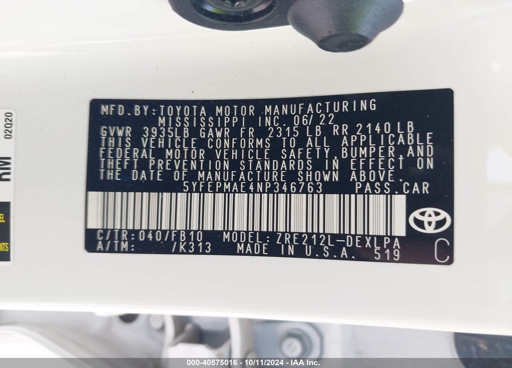 2022 TOYOTA COROLLA VIN: 5YFEPMAE4NP346763
