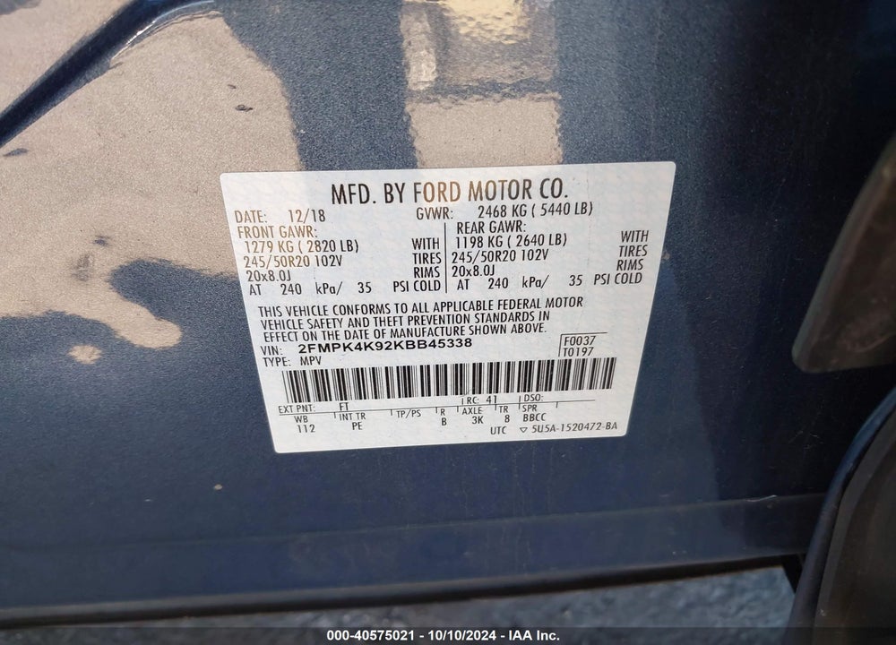 2019 FORD EDGE TITANIUM VIN: 2FMPK4K92KBB45338