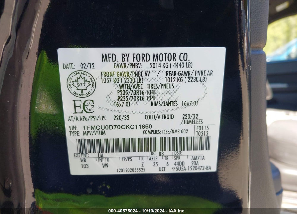 2012 FORD ESCAPE XLT VIN: 1FMCU0D70CKC11860