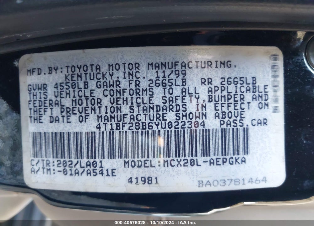 2000 TOYOTA AVALON XLS VIN: 4T1BF28B6YU022304