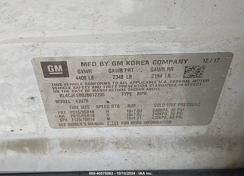 2018 BUICK ENCORE PREFERRED VIN: KL4CJESB0JB612205