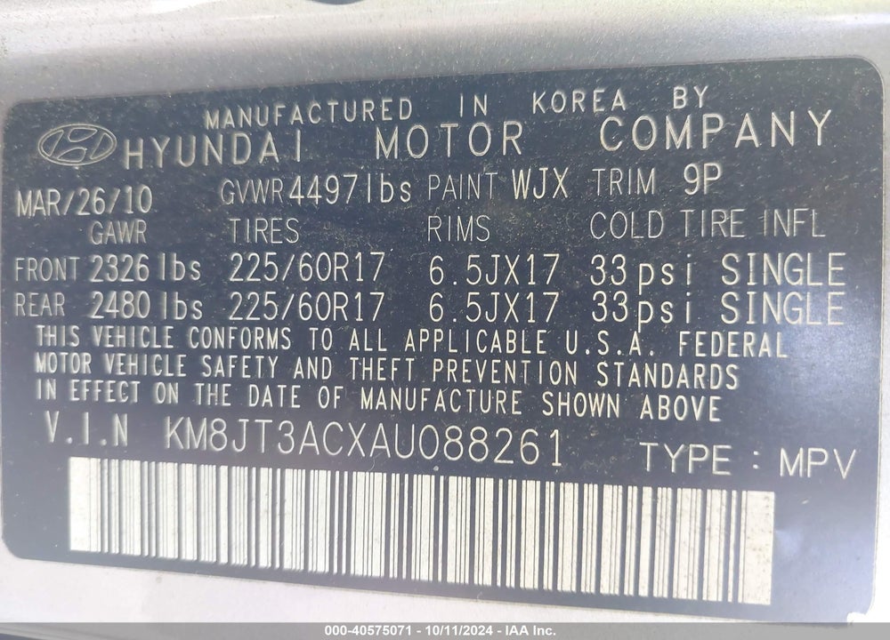 2010 HYUNDAI TUCSON GLS VIN: KM8JT3ACXAU088261