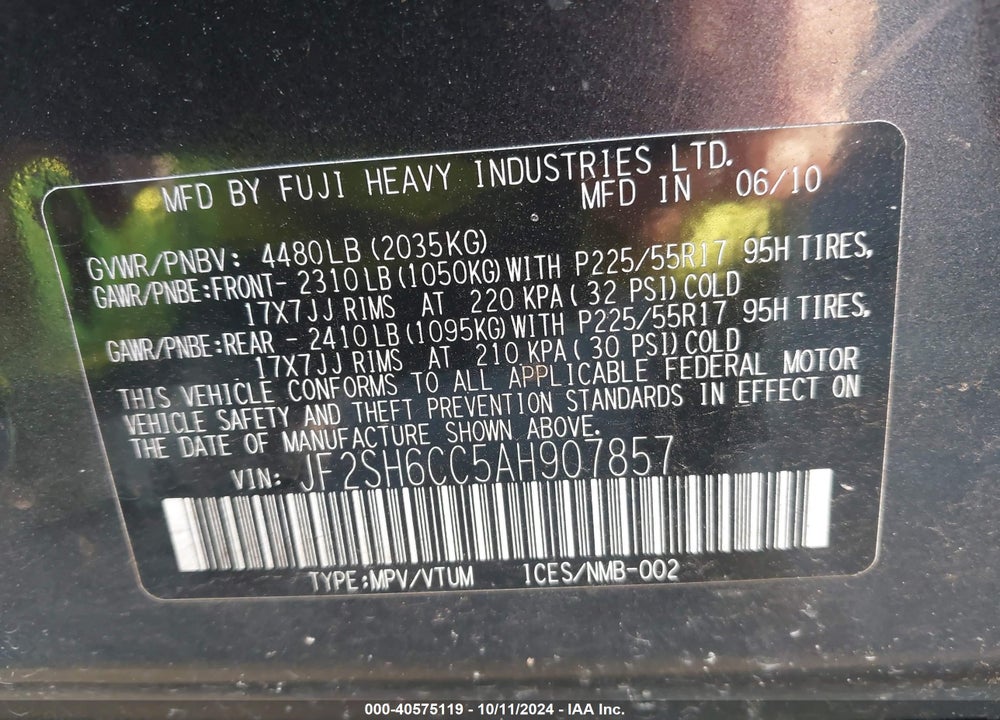 2010 SUBARU FORESTER 2.5X PREMIUM VIN: JF2SH6CC5AH907857