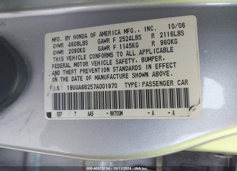 2007 ACURA TL VIN: 19UUA66257A001970