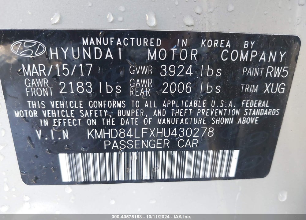2017 HYUNDAI ELANTRA VALUE EDITION VIN: KMHD84LFXHU430278