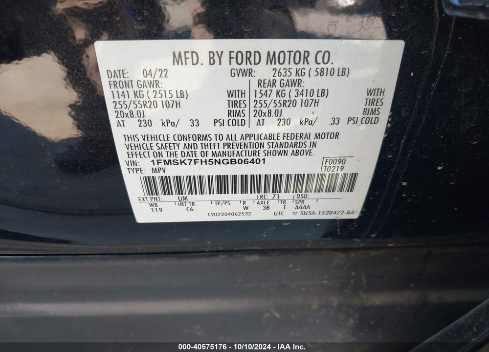 2022 FORD EXPLORER LIMITED VIN: 1FMSK7FH5NGB06401