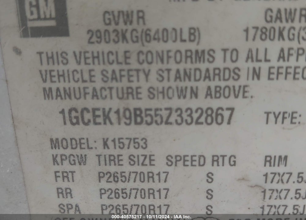 2005 CHEVROLET SILVERADO 1500 WORK TRUCK VIN: 1GCEK19B55Z332867