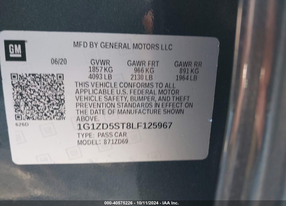 2020 CHEVROLET MALIBU FWD LT VIN: 1G1ZD5ST8LF125967