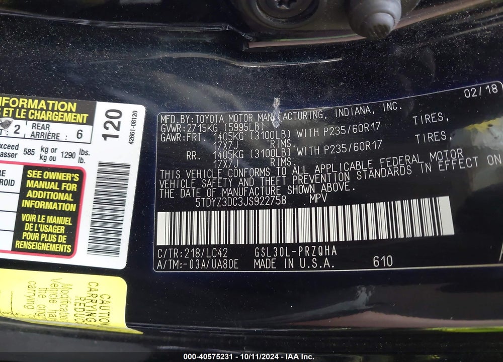 2018 TOYOTA SIENNA XLE PREMIUM 8 PASSENGER VIN: 5TDYZ3DC3JS922758