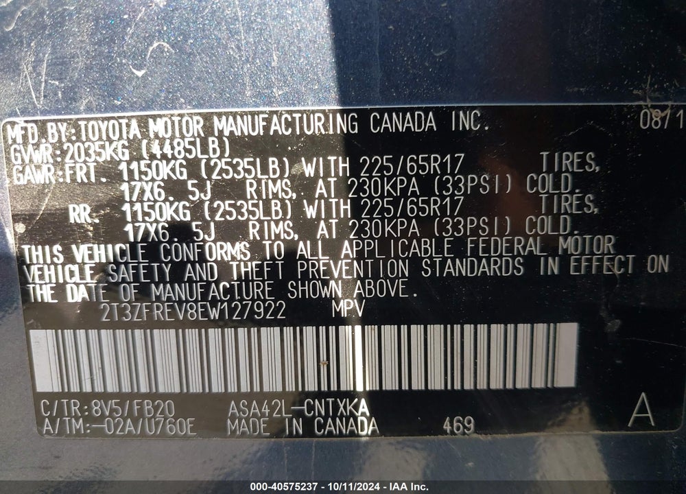 2014 TOYOTA RAV4 VIN: 2T3ZFREV8EW127922