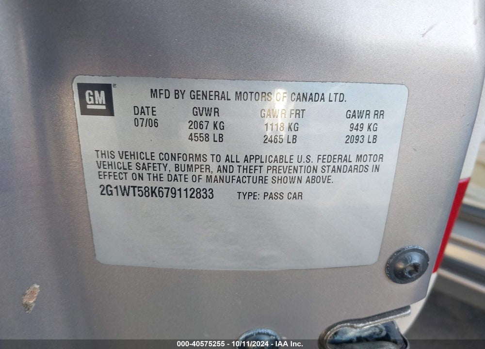2007 CHEVROLET IMPALA LT VIN: 2G1WT58K679112833