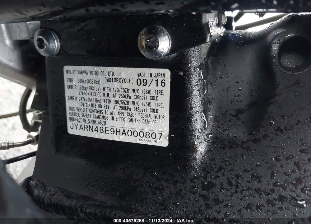 2017 YAMAHA FZ10 VIN: JYARN48E9HA000807