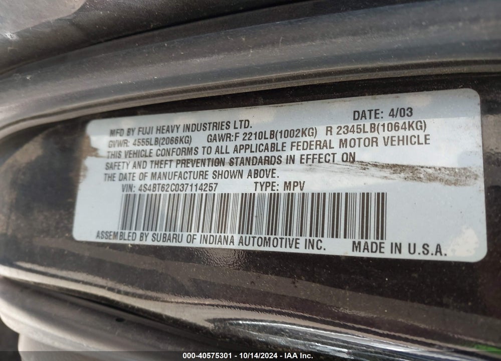 2003 SUBARU BAJA SPORT VIN: 4S4BT62C037114257
