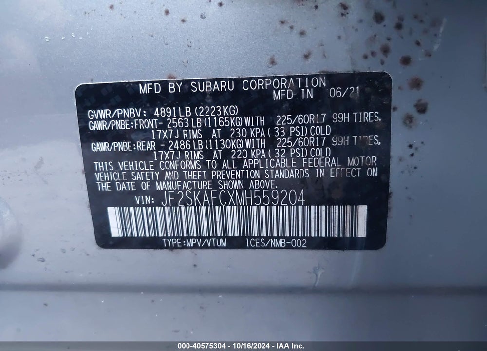 2021 SUBARU FORESTER PREMIUM VIN: JF2SKAFCXMH559204