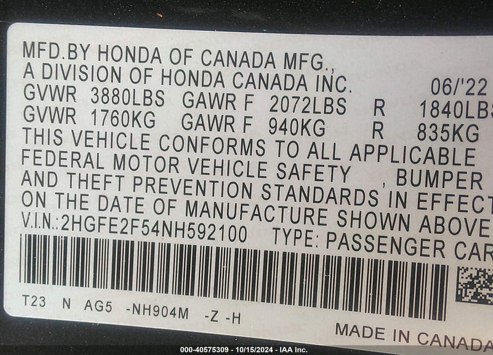2022 HONDA CIVIC SPORT VIN: 2HGFE2F54NH592100
