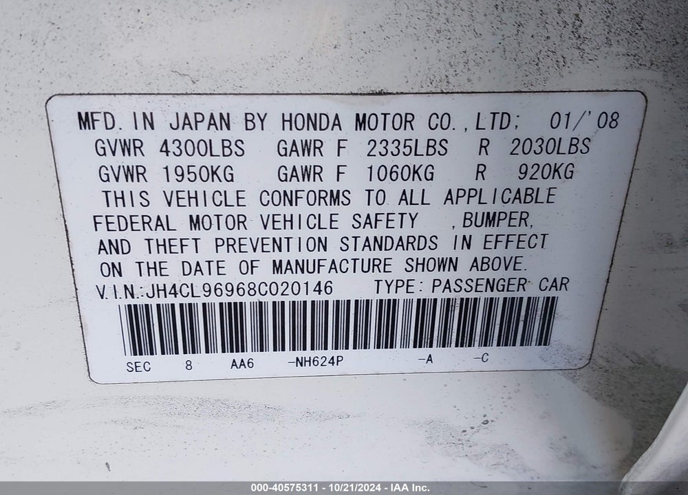 2008 ACURA TSX VIN: JH4CL96968C020146