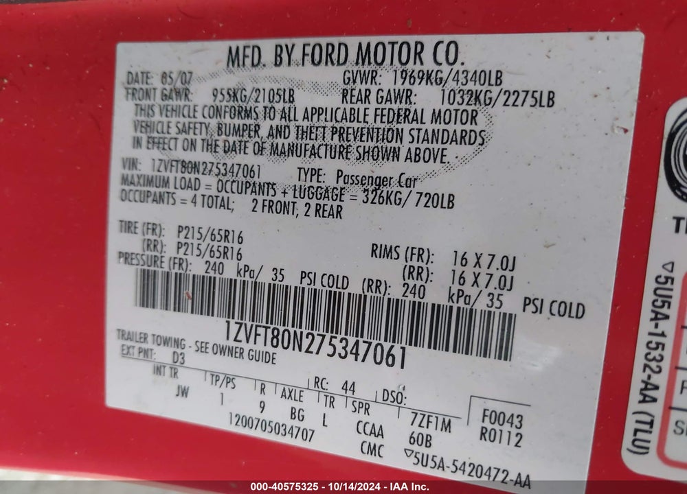 2007 FORD MUSTANG V6 DELUXE/V6 PREMIUM VIN: 1ZVFT80N275347061