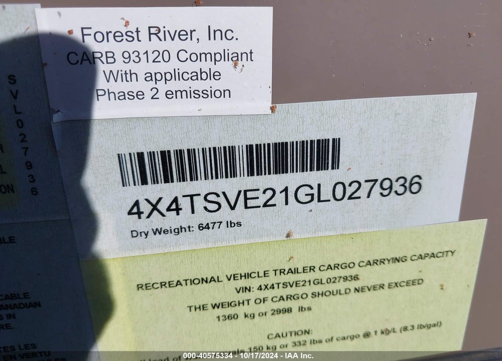 2016 FOREST RIVER OTHER VIN: 4X4TSVE21GL027936