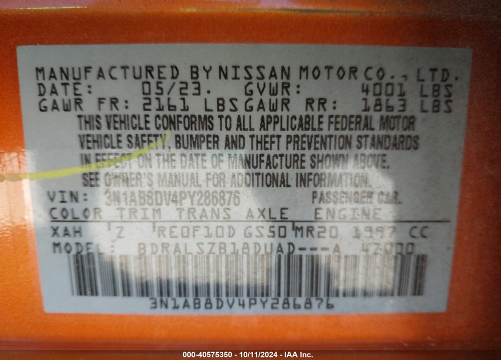 2023 NISSAN SENTRA SR XTRONIC CVT VIN: 3N1AB8DV4PY286876