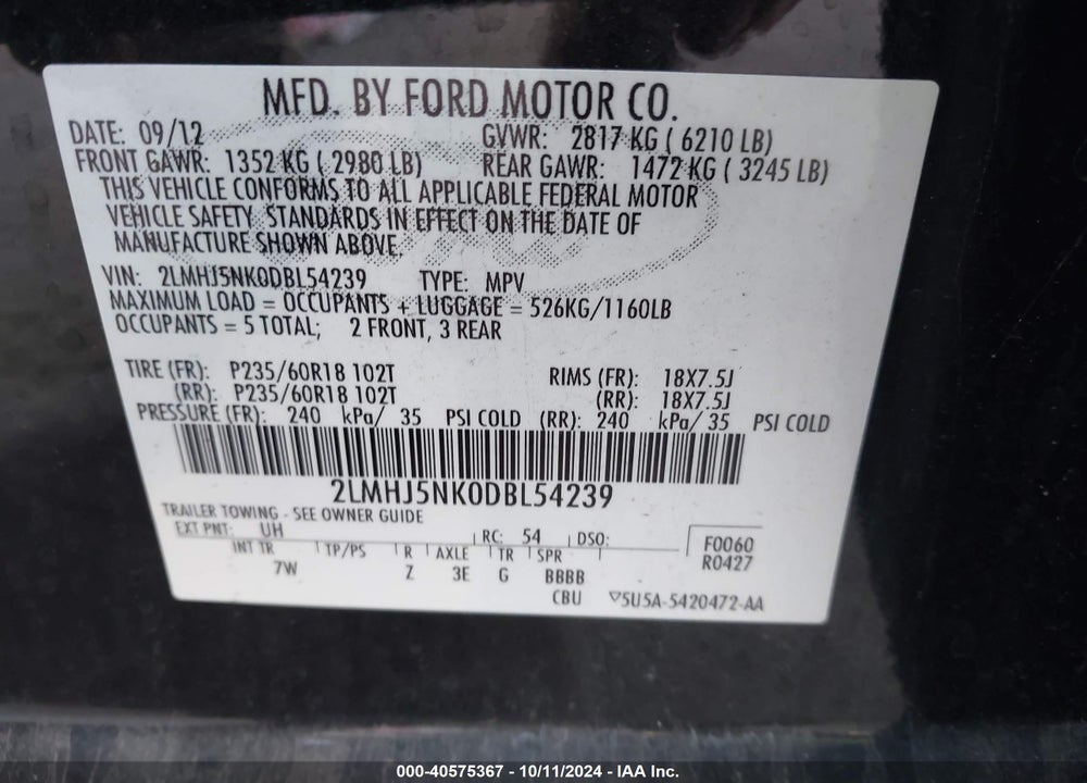 2013 LINCOLN MKT LIVERY VIN: 2LMHJ5NK0DBL54239