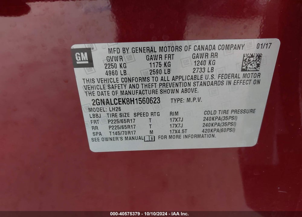 2017 CHEVROLET EQUINOX LT VIN: 2GNALCEK8H1560623