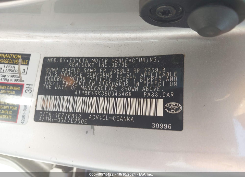 2009 TOYOTA CAMRY VIN: 4T1BE46K39U345468