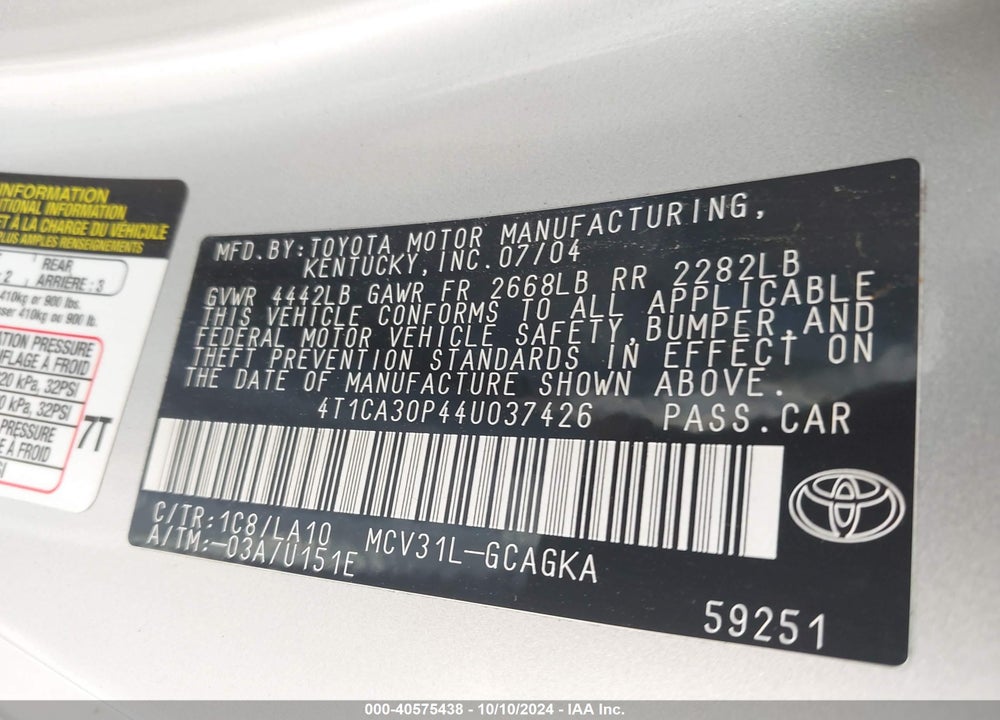 2004 TOYOTA CAMRY SOLARA SLE V6 VIN: 4T1CA30P44U037426