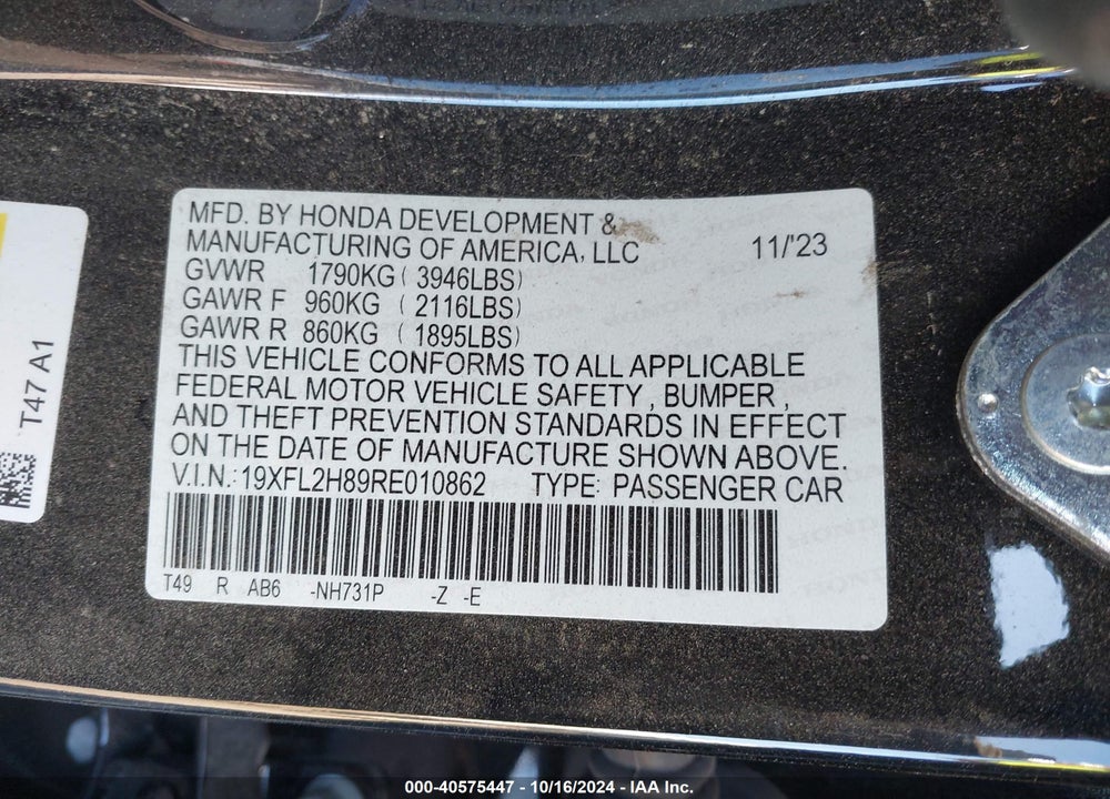 2024 HONDA CIVIC VIN: 19XFL2H89RE010862