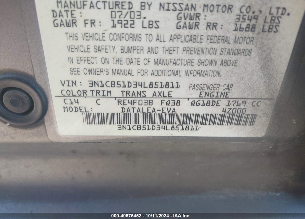 2004 NISSAN SENTRA 1.8S VIN: 3N1CB51D34L851811
