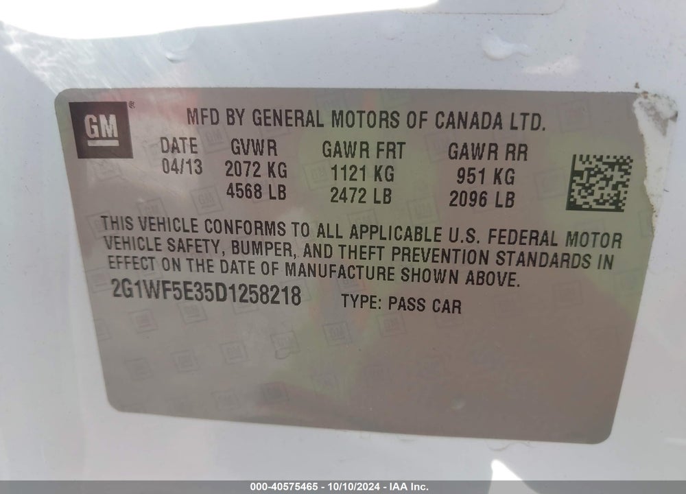 2013 CHEVROLET IMPALA LS VIN: 2G1WF5E35D1258218